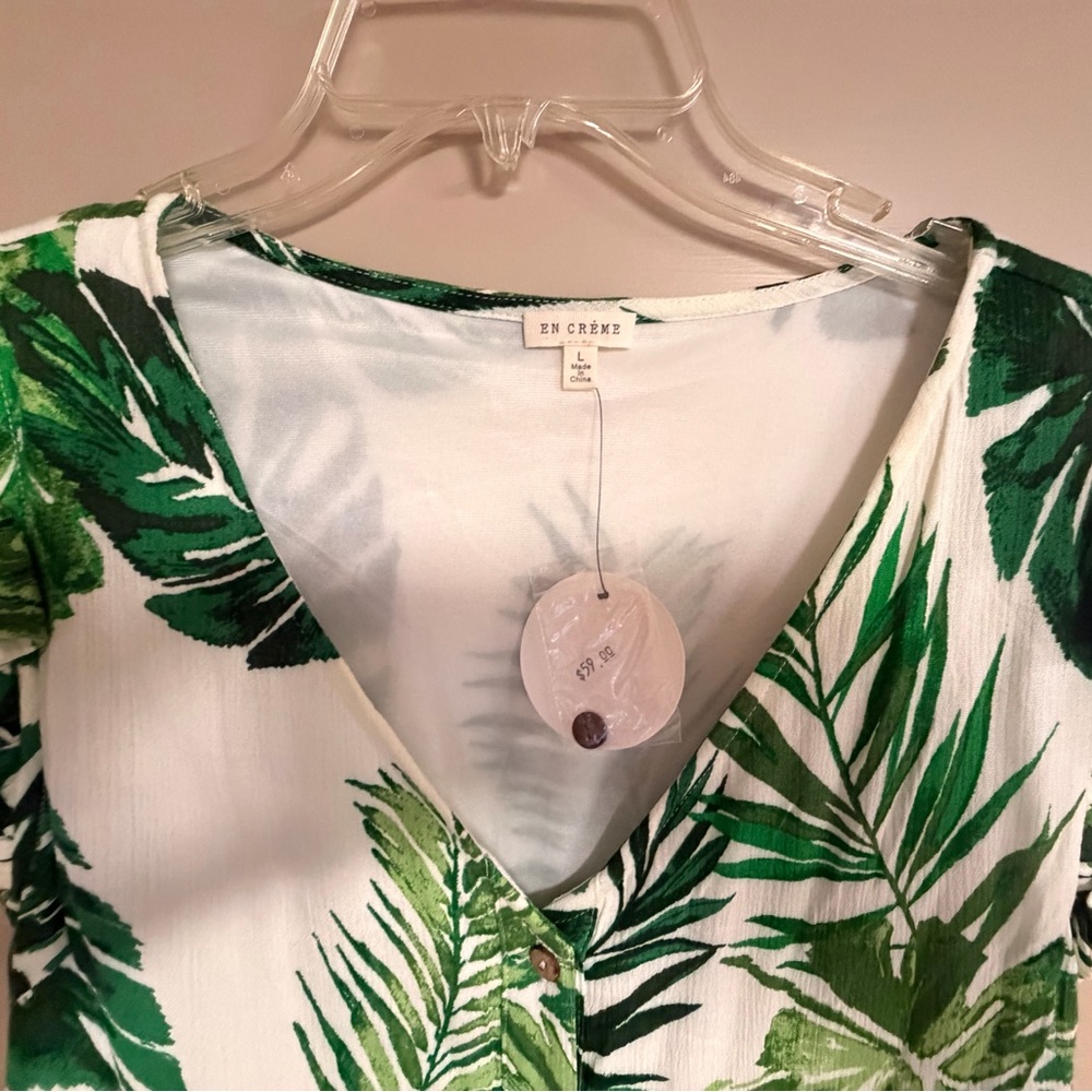 En Créme Women’s Size Large Tropical Green Leaf V-Neck Button-Front Dress - Picture 4 of 13
